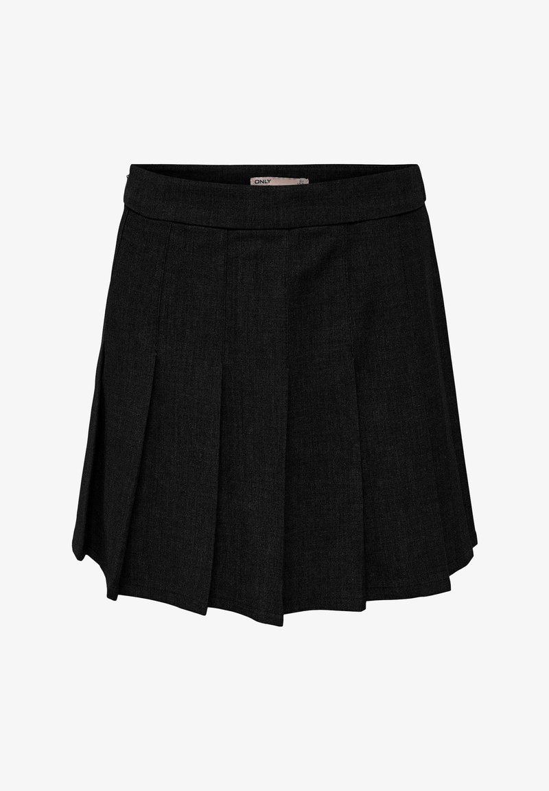 Fustă mini pliurată neagră cu talie strâmtă, textură subtilă și etichetă vizibilă în interiorul taliei.