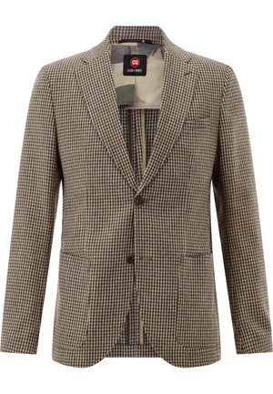 Braun-beiger Hahnentritt-Muster Herrenblazer mit Schlitzkragen, zwei vorderen Knöpfen und aufgesetzten Taschen, teilweise mit Tarnstoff gefüttert.