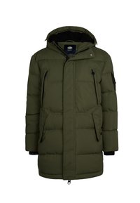Pufferjacke in Dunkelgrün mit einem Reißverschluss vorne, zwei seitlichen Taschen und einer Kapuze. Mit kontrastierenden schwarzen Reißverschlüssen und elastischen Bündchen.