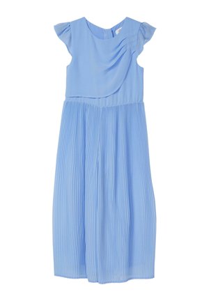 Hellblaues, ärmelloses Kleid mit plissiertem Rock und dekorativem Drapée auf dem Oberteil, Rückenreißverschluss.