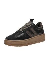 Black sneakers featuring a textured leather upper, brown leopard print accents, and metallic laces. Thick rubber sole for added height.