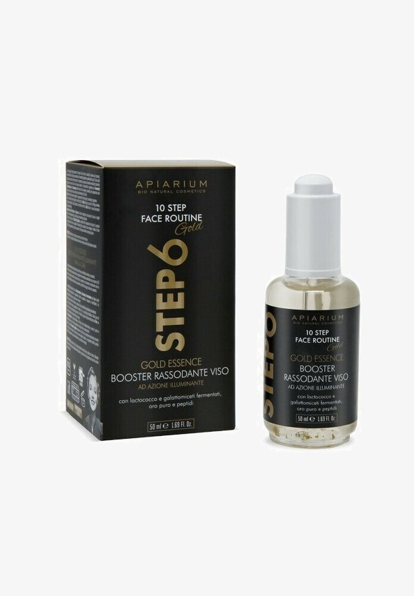 Scatola nera e flacone contagocce trasparente di Apiarium 10 Step Face Routine Gold Essence Booster, 50 ml, con testo dorato e bianco.