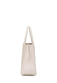 Borsa color beige con un design strutturato, realizzata in materiale liscio, dotata di due manici corti e una chiusura con zip nella parte superiore.