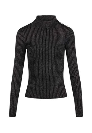 Maglione nero a coste con maniche lunghe, colletto alto e tre bottoni decorativi sulla spalla sinistra. Tessuto lavorato a maglia con una leggera lucentezza.