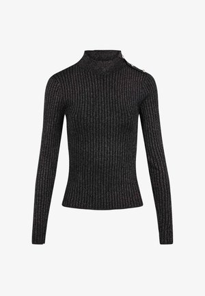 Black ribbed sweater with long sleeves, high neck, and three decorative buttons on the left shoulder. Knit texture with subtle shimmer.