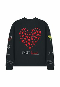 Črna kapuca s rde�čimi srčkami, ki tvorijo veliko srce, in napisom "SWEET heart" na hrbtni strani, poleg malih srčkov in grafičnih oblik na rokavih.