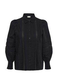 Blusa negra de mangas largas con mangas abullonadas, botonadura frontal, puños fruncidos, cuello y detalles de inserción de encaje vertical en el frente y las mangas.