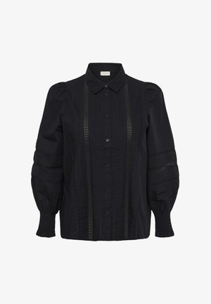 Black long-sleeve blouse with puffed sleeves, button front, smocked cuffs, collar, and vertical lace inset detailing on front and sleeves.