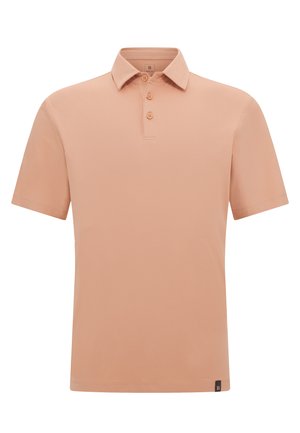 Polo a maniche corte in pesco chiaro, realizzato in tessuto morbido. Caratterizzato da un colletto, una chiusura con tre bottoni e un piccolo logo sull'orlo.