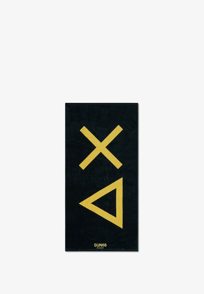 Asciugamano da spiaggia nero con grandi forme geometriche gialle: una 'X' e un triangolo. Tessuto morbido con branding nella parte inferiore: "SUN68 BEACH."