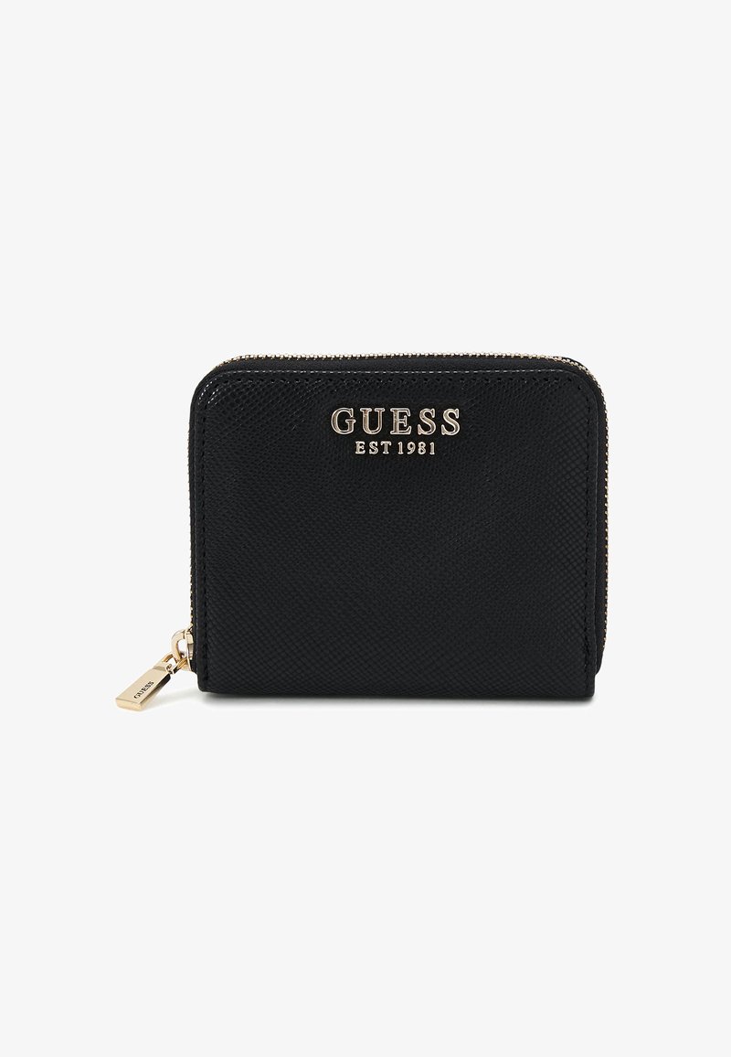 Portefeuille texturé noir en matériau synthétique avec quincaillerie dorée. Dispose d'une fermeture à zip, d'un logo de marque embossé et d'une forme rectangulaire slim.