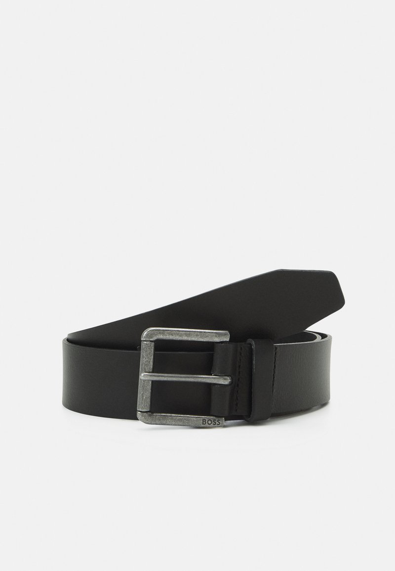 Black leather belt with a rectangular silver metal buckle. Features a smooth texture and a simple design, with a pointed end.