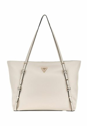 Borsa tote beige con una texture morbida, doppie tracolle e bordi neri. Presenta una placca con logo dorato sul davanti e un design spazioso.