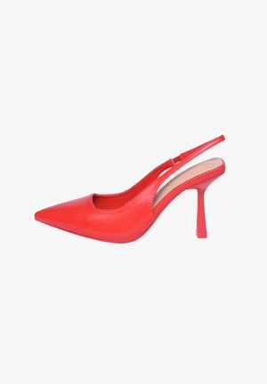 Scarpa con tacco alto rossa, a slingback, con punta affilata e tacco sottile. Finitura in pelle liscia con lati intagliati per un design aperto.