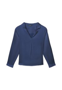 Blouse à manches longues bleu marine en tissu léger, dotée d'un col, d'un décolleté en V et d'un pli vertical unique à l'avant.