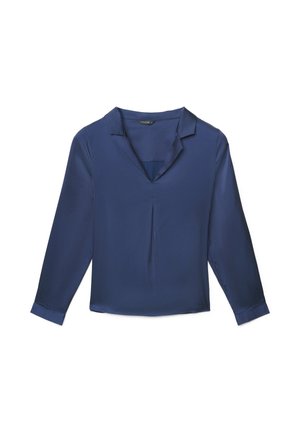 Blusa blu navy a maniche lunghe in tessuto leggero con colletto, scollatura a V e una piega verticale singola sul davanti.