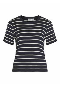 Námořnická modrá tričko s krátkým rukávem s bílými vodorovnými pruhy. Má kulatý výstřih a žebrovanou strukturu. Značkový štítek viditelný na límci.