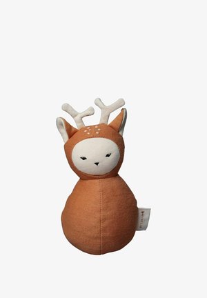 Søndagskrammedyr i form af et rådyr, med en brun tekstureret krop, hvidt ansigt og gevirer. Omfatter broderede detaljer og et mærke.