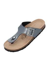 Gray flat sandal with a toe loop, featuring a decorative buckle with rhinestones. Soft inner material with a cork-like sole and textured black outsole.