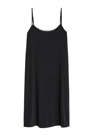 Robe débardeur noire avec fines bretelles, dentelle au niveau de l'encolure, coupe ample et texture lisse.