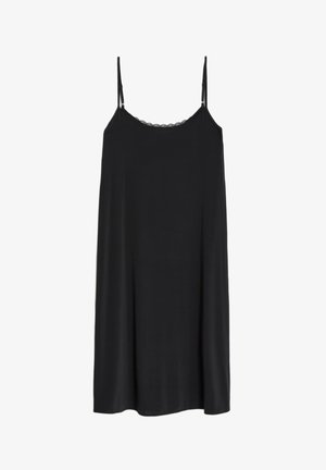 Black camisole dress with thin straps, lace trim at the neckline, a loose-fitting shape, and a smooth texture.