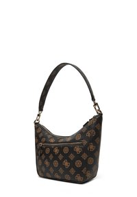 Borsa a bandoliera in materiale texturizzato nero con motivo dorato. Caratterizzata da una tasca con zip e una tracolla curva.