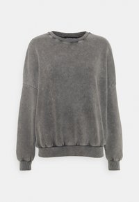 Felpa grigia con collo rotondo a costine, spalle scese e orlo aderente. Tessuto morbido e vestibilità rilassata con dettagli minimi.