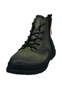 Bottes de cheville en cuir vert foncé avec des lacets noirs, des panneaux texturés et une semelle en caoutchouc, dotées d'une fermeture éclair sur le côté pour un enfilage facile.