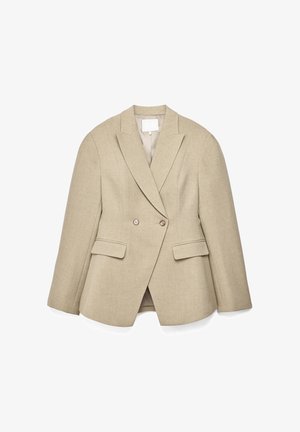 Béžové dvojradové sako s priliehavým strihom, špicatými klopami, dvoma prednými vreckami a jemnou textúrovanou látkou. Vnútorná podšívka je svetlej farby.