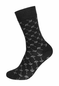 Calzini neri con un motivo floreale in grigio chiaro, dotati di un polsino a costine e una texture liscia. Design alla caviglia con tallone rinforzato.