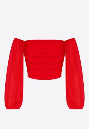 Rød offshoulder-top med struktureret corsage, plisserede detaljer og lange gennemsigtige pufærmer med elastiske manchetter.