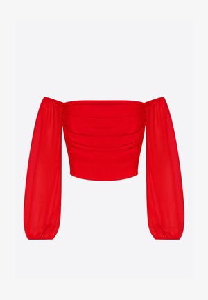 Rød offshoulder-top med struktureret corsage, plisserede detaljer og lange gennemsigtige pufærmer med elastiske manchetter.
