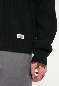 Črna rebrasta pulover s majhno pravokotno belo oznako, na kateri je logo. Pulover ima široke rokave in strukturirano pleteno zasnovo.