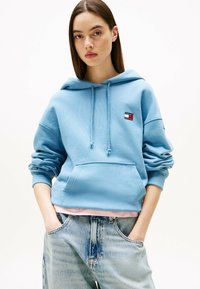 Sudadera de color azul claro con mangas largas, capucha con cordón y bolsillo frontal. Presenta un pequeño logo rojo y azul en el pecho.