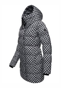 Chaqueta de plumas en blanco y negro con un patrón de pied de poule, capucha y puños elásticos, con una textura acolchada para el aislamiento.