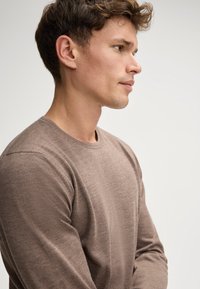 Brauner langärmeliger Pullover mit einem runden Ausschnitt, aus weichem Material gefertigt, mit taillierter Passform und subtiler Textur.