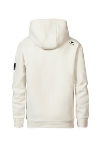 Felpa bianca con una texture morbida, dotata di cappuccio con cordino, maniche lunghe e un piccolo logo sulla parte alta della schiena.