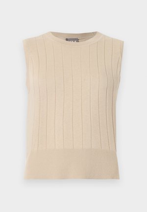 Ujjatlan bézs kötött pulóver függőleges bordázott mintával és széles alsó szegéllyel, kerek nyakkivágással.