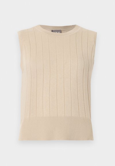 Αμάνικο μπεζ πλεκτό πουλόβερ με κάθετο ριμπ σχέδιο και φαρδιά ρεβέρ, με στρογγυλή λαιμόκοψη.