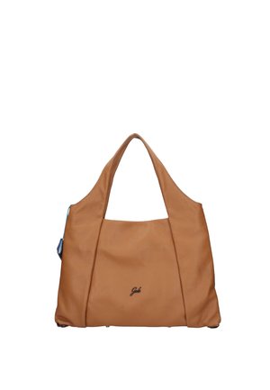 Borsa in pelle marrone con manici doppi larghi e piccolo logo nero centrato sul pannello frontale.