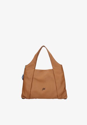 Borsa in pelle marrone con manici doppi larghi e piccolo logo nero centrato sul pannello frontale.