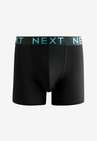 Boxeri negri dintr-un material moale, cu o talie elastică lată pe care este imprimat „NEXT” în albastru deschis. Design simplu și potrivire strânsă.