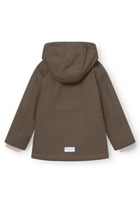 Bruine hoodie met een gladde textuur, voorzien van een label aan de onderrand, elastische manchetten en een relaxte pasvorm.