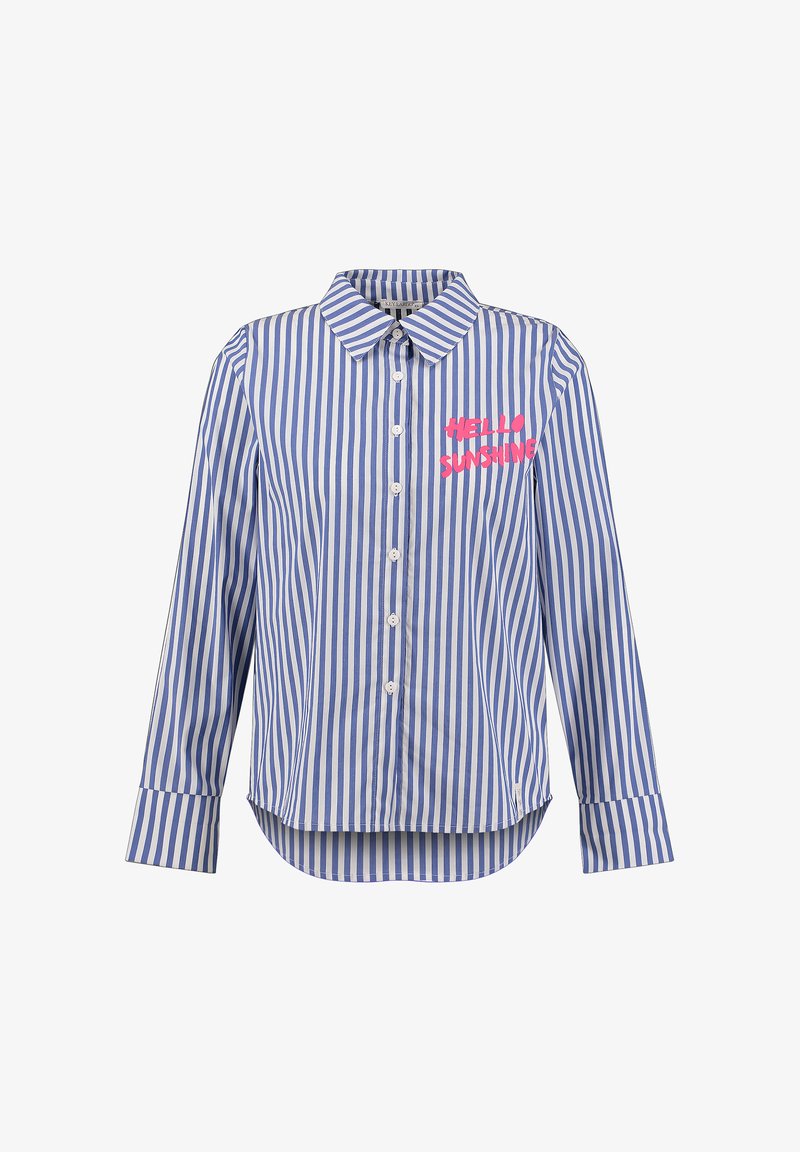 Camicia a maniche lunghe con bottoni, a righe verticali blu e bianche, con scritta rosa "HELLO SUNSHINE" sul petto a sinistra.