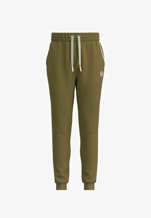 Pantaloni jogger verde oliva con cintura a coste, cordino regolabile e tasche laterali; tessuto morbido con vestibilità slim e dettagli logo discreti.