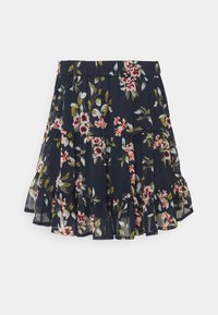Jupe imprimée de fleurs sur fond bleu marine, avec un ourlet à volants, un tissu léger et une texture plissée. Accents en tons rose et vert.