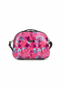 Colorful pink shoulder bag with flower patterns in blue, purple, and pink tones. Features a zip closure and black strap. Smooth, glossy finish.