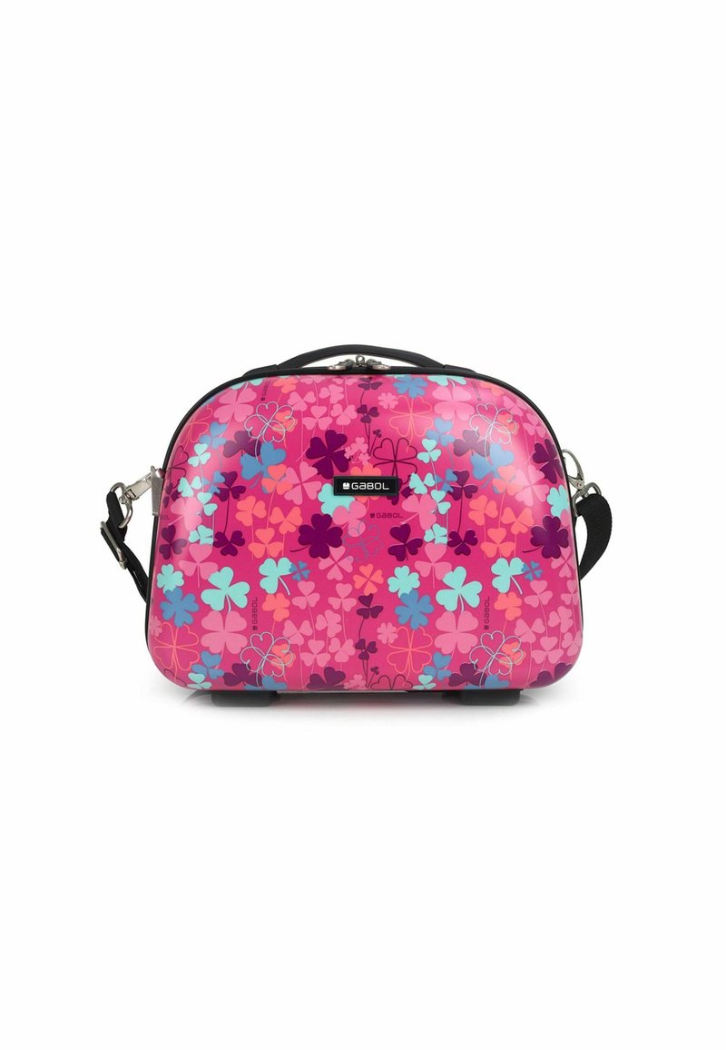 Colorful pink shoulder bag with flower patterns in blue, purple, and pink tones. Features a zip closure and black strap. Smooth, glossy finish.