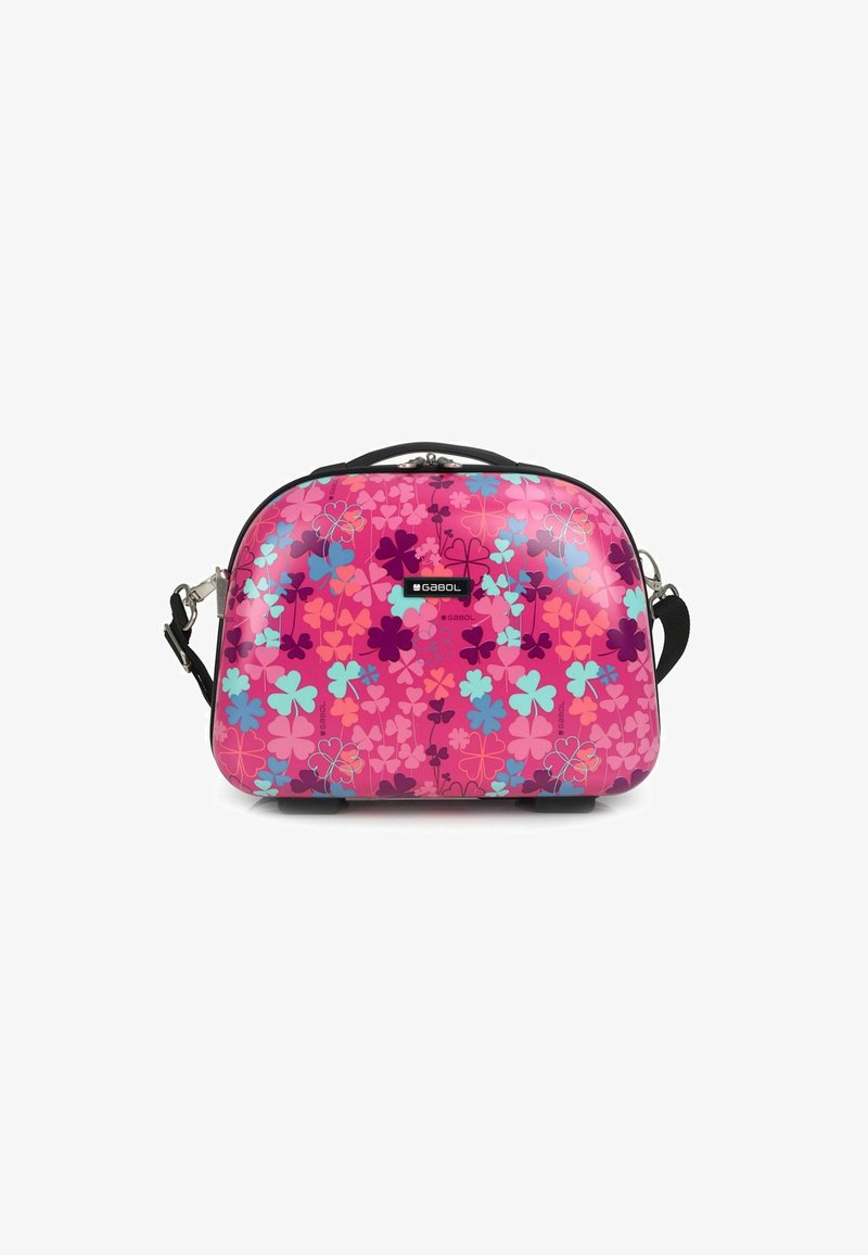 Colorful pink shoulder bag with flower patterns in blue, purple, and pink tones. Features a zip closure and black strap. Smooth, glossy finish.
