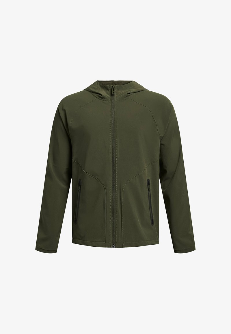 Alyvuogių žalumos, lengvas švarkas su gobtuvu, visiškai užtrauktas per priekį ir dvi šoninės kišenės su užtrauktukais. Yra lygi tekstūra ir siūlių apdaila.